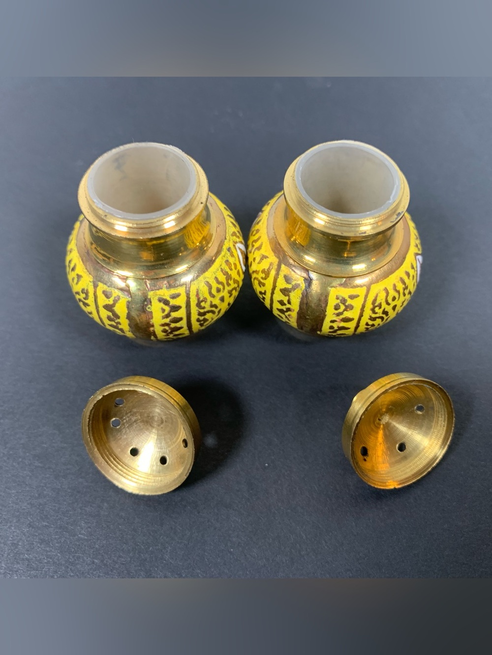 Vintage Enameled Brass Salt and Pepper Set Tray India - Picture 5 of 16